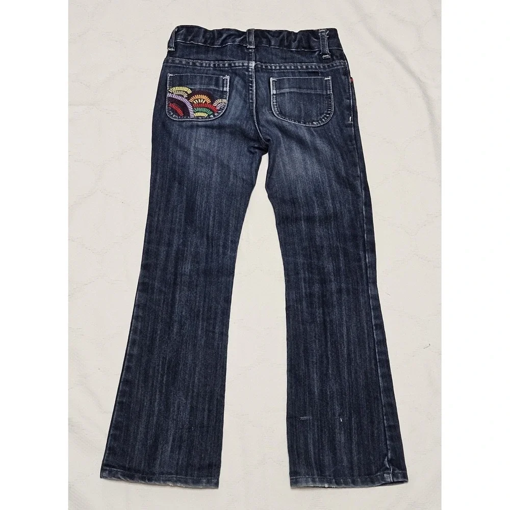 Old Navy Bootcut Jeans Girls 7‎ Blue Rainbow Embroidered Dark Wash Stretch Boho